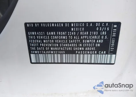 2015 Volkswagen Jetta 1.8T Se из США, поврежденный, VIN 3VWD17AJ6FM321669